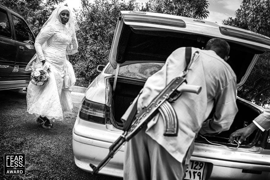 A bride and the security guard.