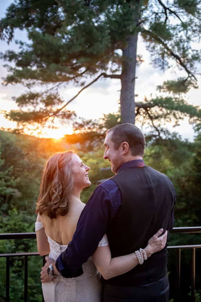 Bride and groom in the beautiful sunset light in Chelsea, QC, near Wakefield